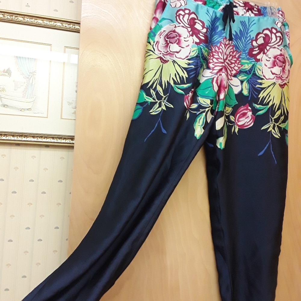 Natori Blue Pink Floral Silky Pajamas Pants M